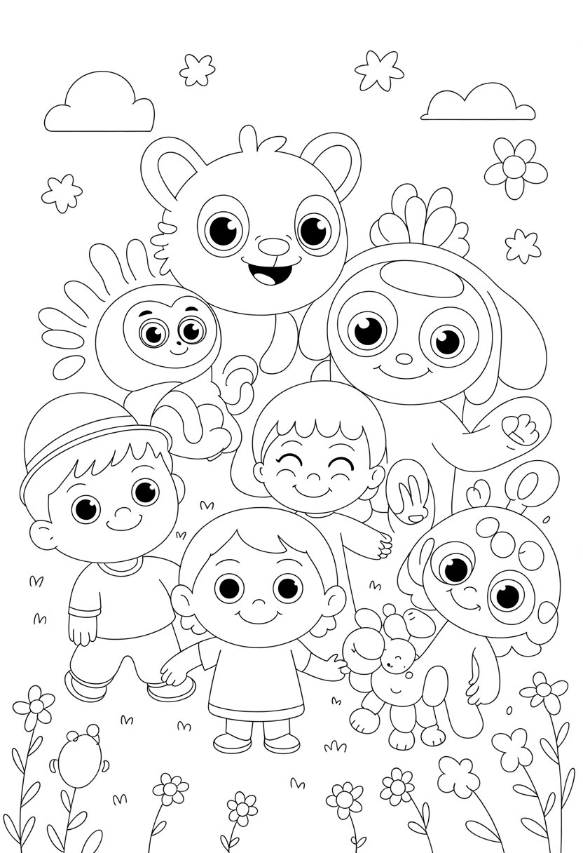 Coloring Pages Cute Ideas for Kids: 21 Engaging Designs to Inspire Creativity 31 A group of cute cartoon characters including a smiling animal, a cheerful child, and a playful fantasy creature surrounded by simple decorative elements.